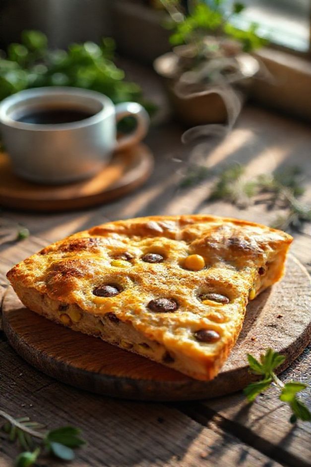 Fatia de cuscuz paulista mostrando os ingredientes do cuscuz como milho, ervilhas e azeitonas em textura dourada e macia, prato típico brasileiro