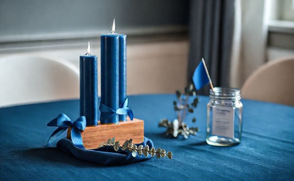 Decoração Novembro Azul completa com toalha azul marinho, velas cilíndricas, elementos naturais e materiais de conscientização sobre saúde masculina