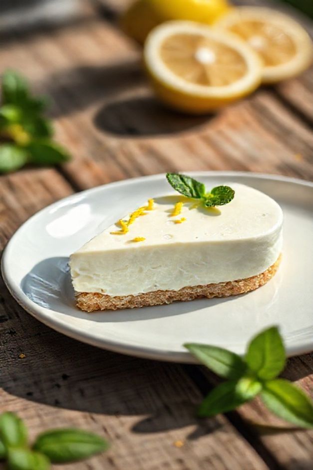 Disco Gelado Cremoso cortado mostrando textura suave e base crocante, decorado com raspas de limão em prato branco