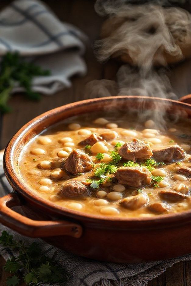 Prato tradicional de dobradinha com feijão branco servido em panela de barro, mostrando textura cremosa e ingredientes bem cozidos