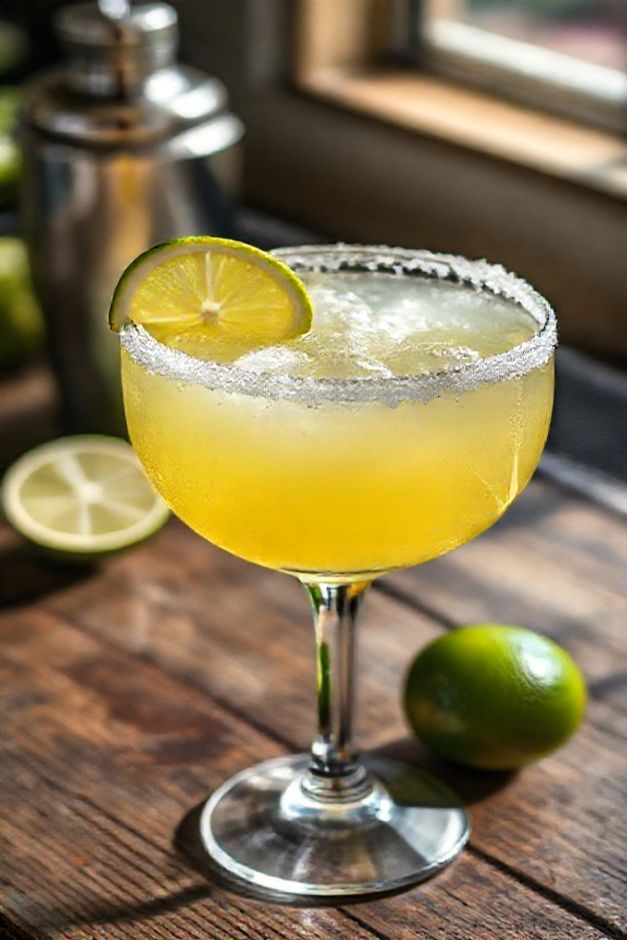 Drink margarita tradicional em copo com borda salgada, decorado com limão, mostrando os ingredientes drink margarita em sua apresentação clássica e convidativa