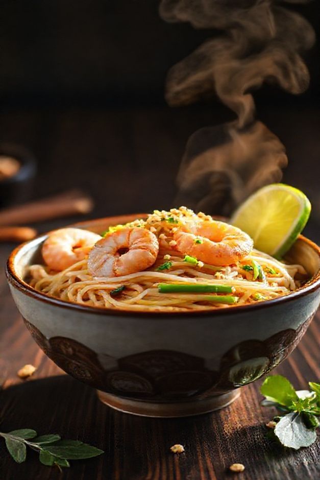 Easy Pad Thai servido em tigela com macarrão de arroz, camarões, broto de feijão, amendoim torrado e limão, cores vibrantes e texturas variadas