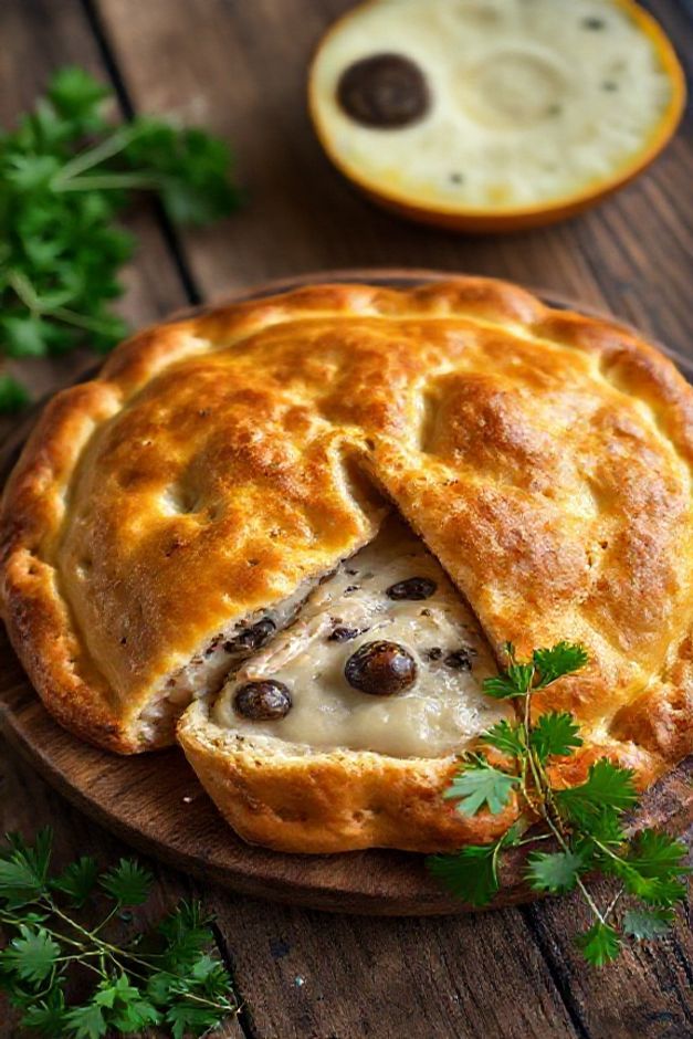 Empadão caseiro dourado com massa crocante e recheio cremoso de frango - ingredientes para fazer empadão perfeito apresentados em fatia aberta