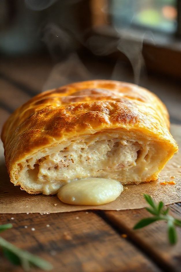 Empadão caseiro recém-saído do forno com massa dourada e crocante, recheio cremoso de frango visível no corte