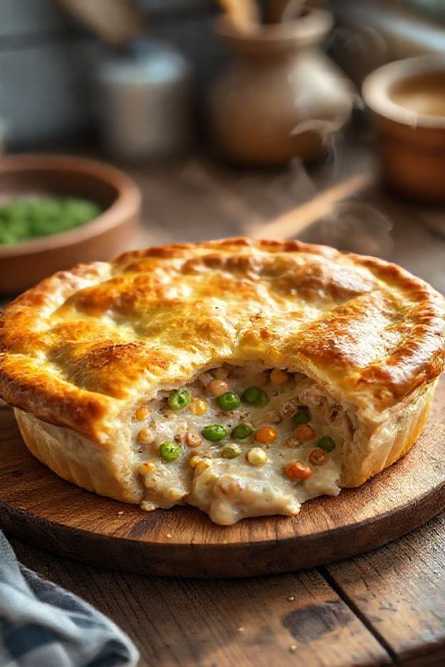 Empadão de frango dourado com massa crocante e recheio cremoso visível - ingredientes para empadão de frango perfeito