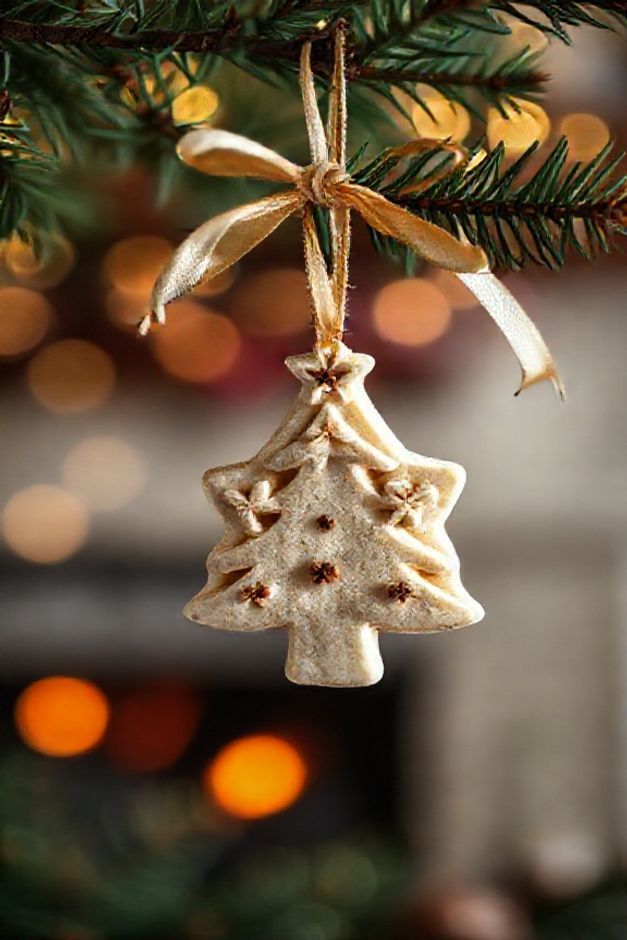 Enfeite de natal feito em casa com formato de estrela decorado com canela, pendurado em fita dourada sobre galho de pinheiro natural