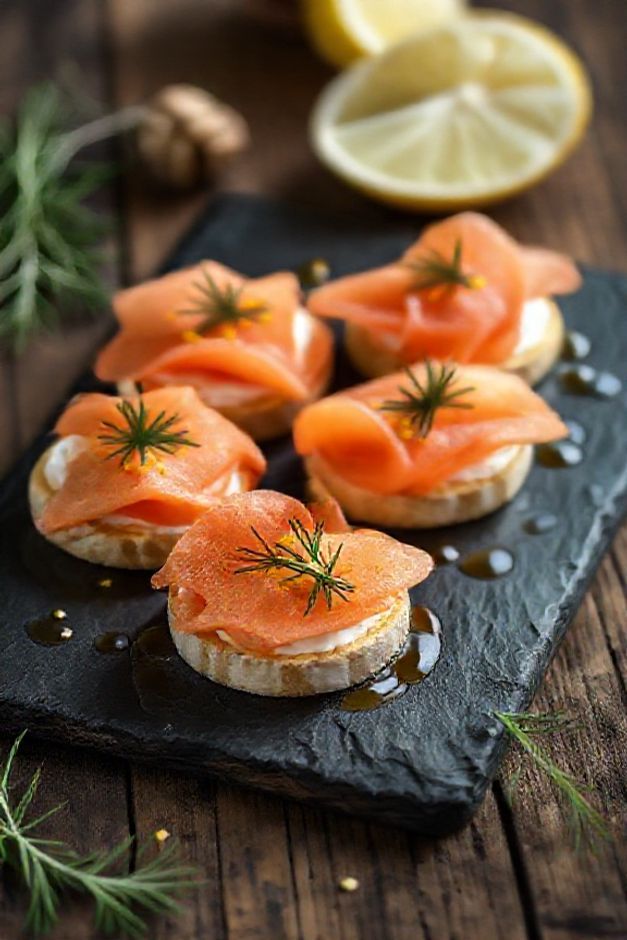 Canapés elegantes de salmão defumado com queijo brie e mel sobre torradas crocantes, decorados com endro fresco e raspas de limão