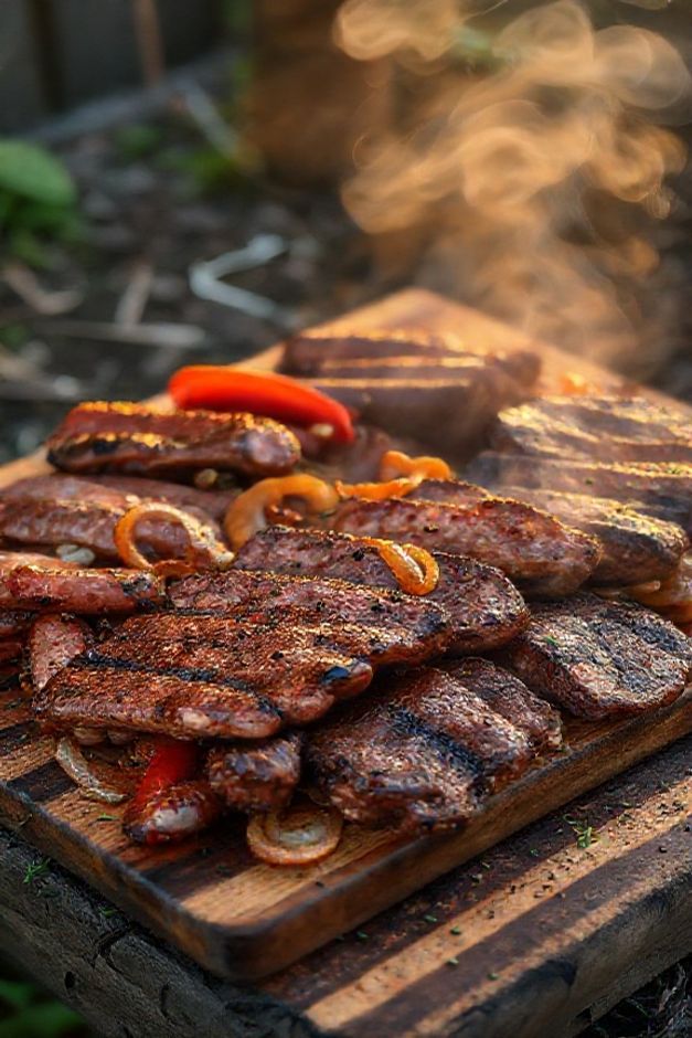 Entrevero gaúcho tradicional com carnes suculentas grelhadas, cebolas caramelizadas e pimentões sobre tábua de madeira - ingredientes para entrevero perfeito