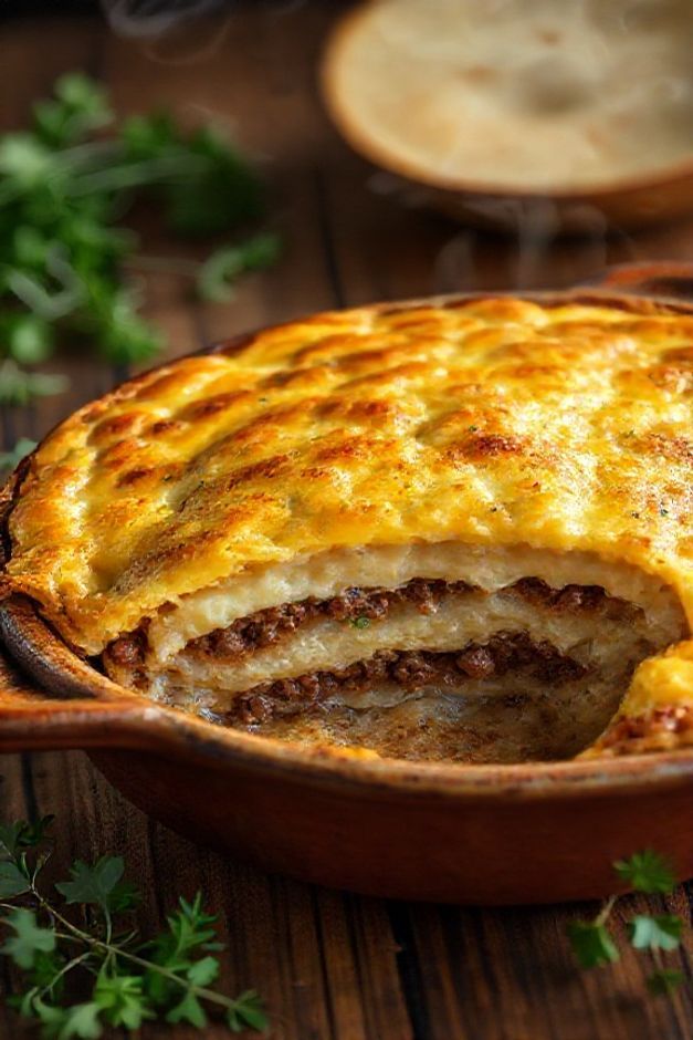 Escondidinho de carne moída recém-saído do forno com queijo gratinado dourado e camadas cremosas visíveis na lateral