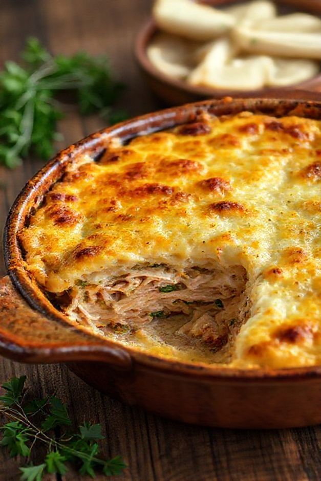 Escondidinho de frango dourado com purê cremoso e queijo derretido, mostrando camadas de recheio saboroso em refratário de cerâmica