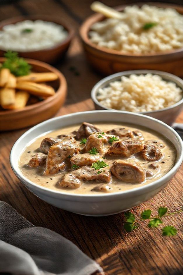 Estrogonofe de carne cremoso com tiras douradas de carne bovina e champignons em molho aveludado, servido em bowl branco