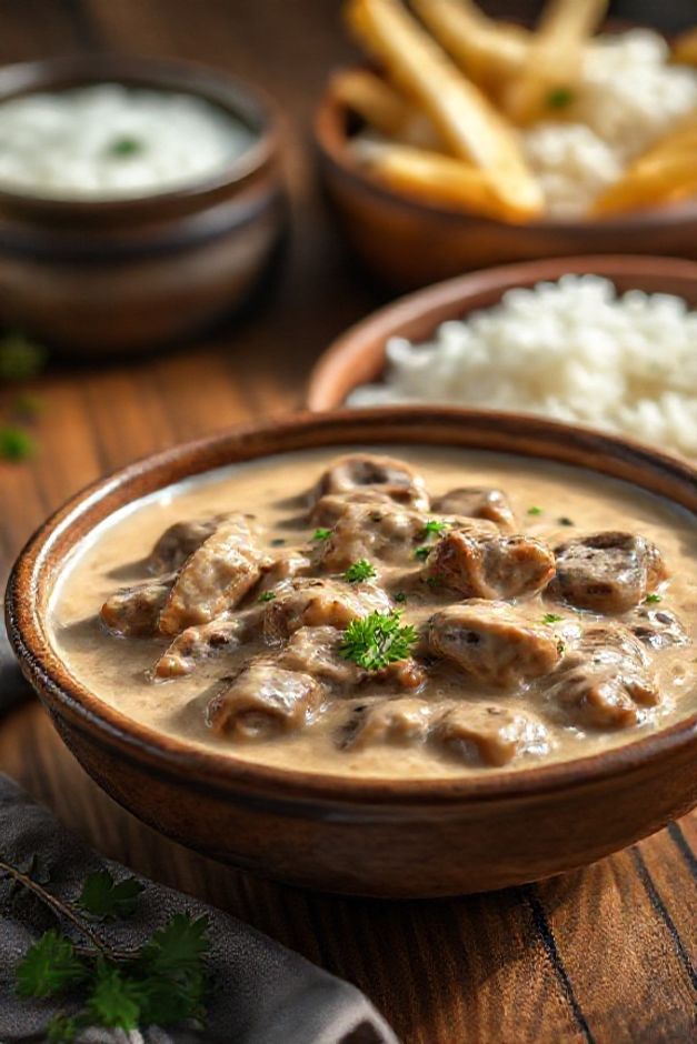 Estrogonofe de carne cremoso com tiras douradas de contra-filé em molho aveludado com champignons, servido com arroz branco e batata palha crocante