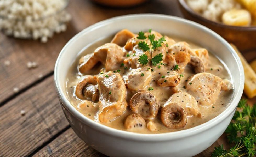Estrogonofe de frango cremoso com pedaços dourados e cogumelos em molho cremoso, servido com arroz e batata palha