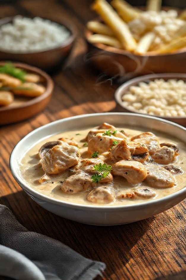 Estrogonofe de frango cremoso em bowl branco com arroz e batata palha, mostrando os ingredientes do estrogonofe de frango perfeitamente preparados