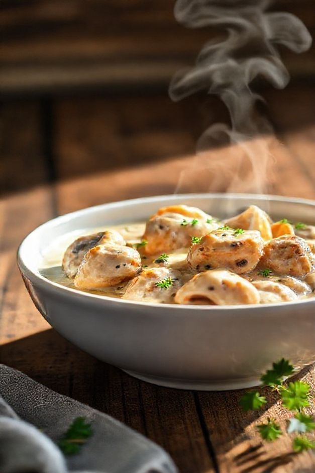 Estrogonofe de frango cremoso com pedaços dourados e champignons - prato finalizado usando ingredientes para fazer um estrogonofe perfeito