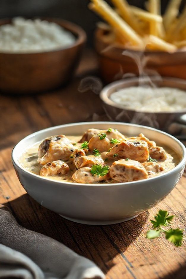 Estrogonofe de frango cremoso com champignons em molho dourado, preparado com ingredientes para fazer estrogonofe tradicional brasileiro