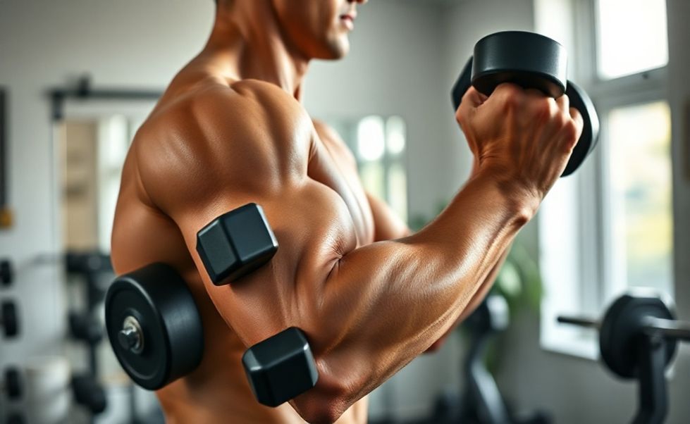 Pessoa executando Exercícios para os Braços com halteres, mostrando braços tonificados em ambiente de treino caseiro bem iluminado
