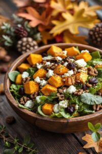 Fall salad colorida com abóbora assada laranja, folhas verdes variadas, nozes tostadas, queijo feta branco e cranberries vermelhas em bowl rústico