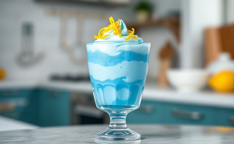 Sobremesa Fantasia Azul cremosa servida em taça transparente com raspas de limão decorando, textura suave e cor azul vibrante
