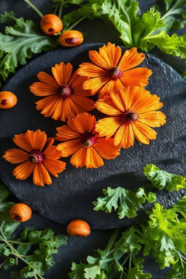 Flores comestíveis de cenoura e beterraba artisticamente dispostas em prato escuro, mostrando técnica de como fazer flores para decoração culinária