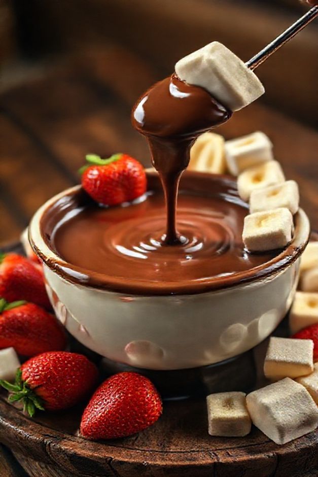 Fondue de chocolate cremoso com frutas frescas - ingredientes para fondue de chocolate perfeito com morangos e marshmallows