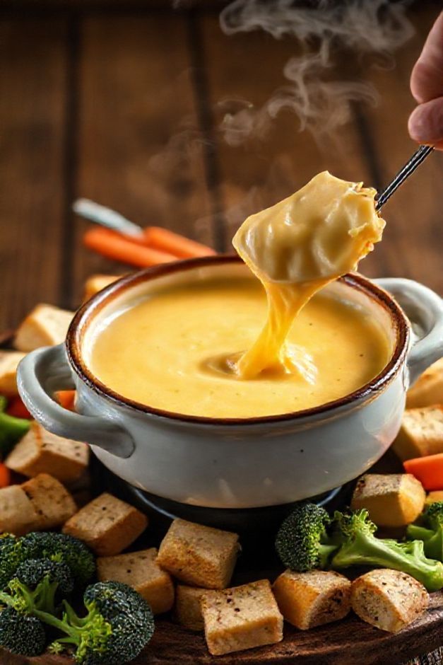 Fondue de queijo cremoso em panela tradicional com pães dourados e legumes frescos para mergulhar, textura sedosa perfeita