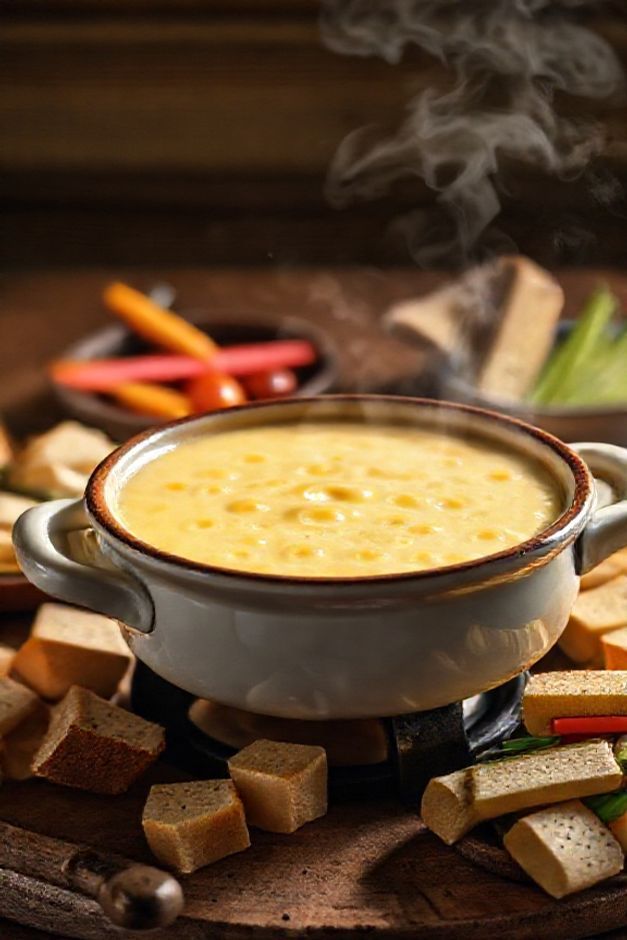 Fondue suíço cremoso em panela tradicional com cubos de pão e legumes ao redor - ingredientes para fondue perfeitos