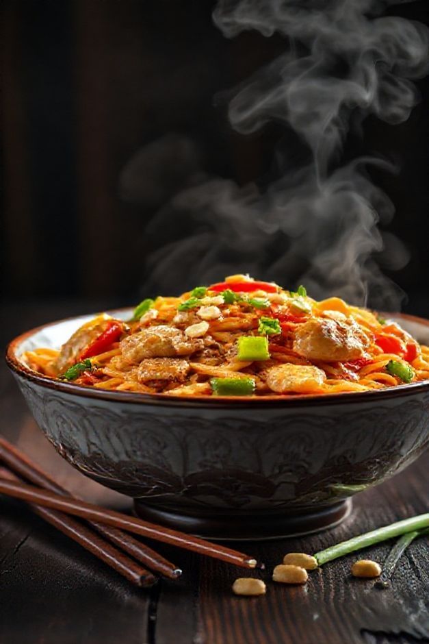 Frango xadrez pronto com pedaços suculentos de frango, legumes coloridos e castanhas de caju em molho brilhante, servido em bowl oriental