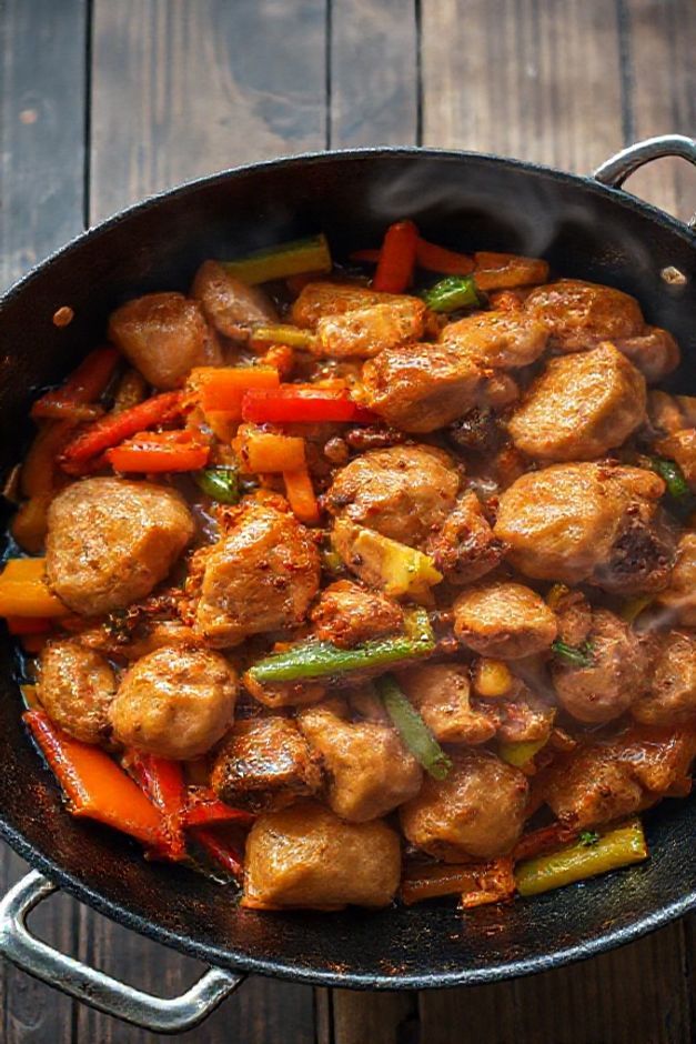 Prato de ingredientes frango xadrez com pedaços suculentos de frango, legumes coloridos e molho cremoso em um wok, perfeito para servir com arroz