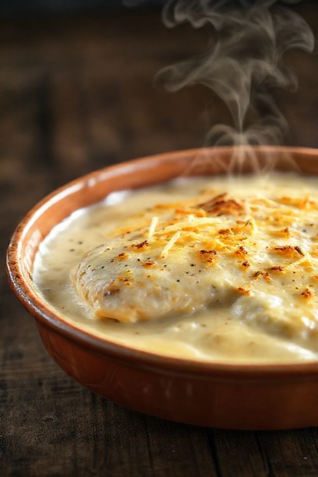 Fricassê de frango cremoso com queijo derretido e batata palha crocante em refratário, prato tradicional brasileiro