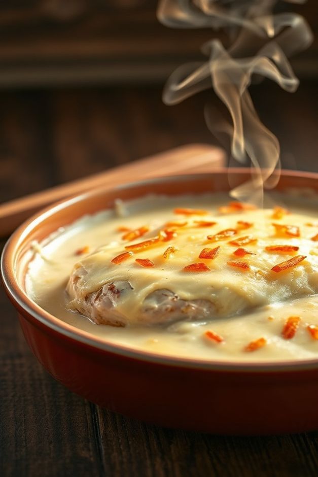 Fricassê de frango cremoso com queijo derretido e batata palha crocante - prato tradicional brasileiro preparado com ingredientes do fricassê de frango