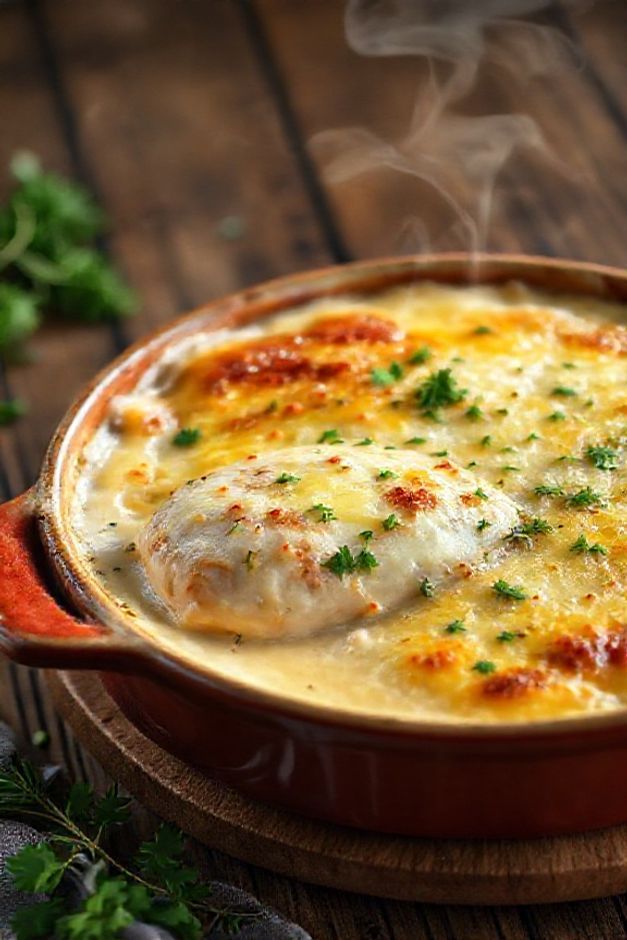 Fricassé de frango cremoso com queijo derretido e batata palha - prato preparado com ingredientes para fazer um fricassé tradicional brasileiro