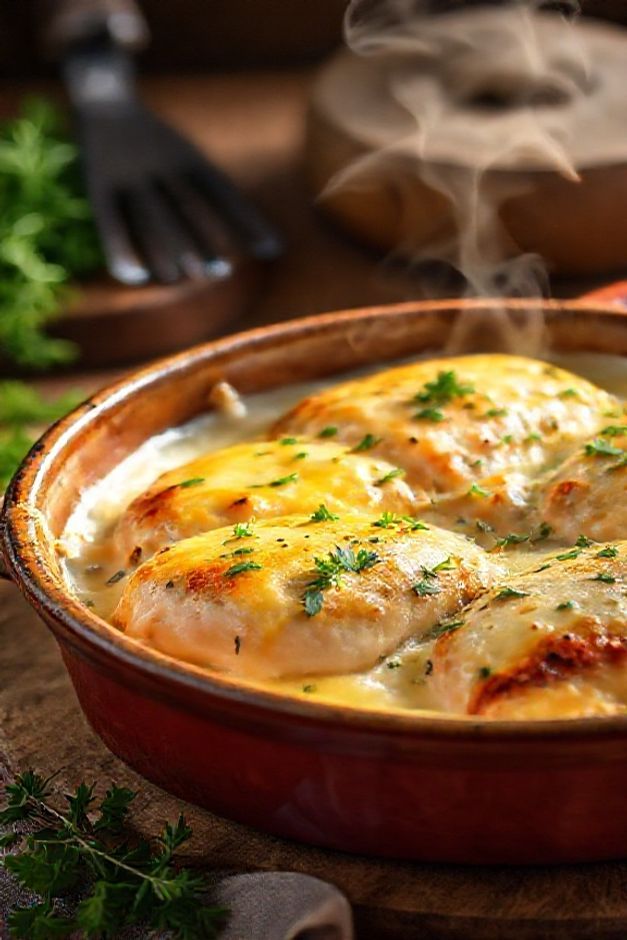 Fricassê de frango cremoso com queijo derretido dourado em refratário, mostrando os ingredientes para fazer fricassé de frango perfeito