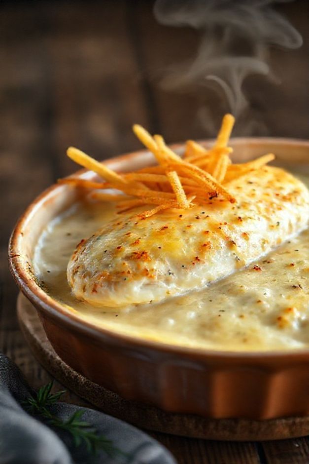 Fricassê simples cremoso com frango desfiado, coberto com queijo derretido dourado e batata palha crocante em refratário de cerâmica