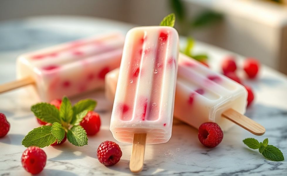 Geladinho Gourmet cremoso em forminha transparente com pedaços de frutas vermelhas visíveis, decorado com açúcar de confeiteiro e folhas de hortelã fresca