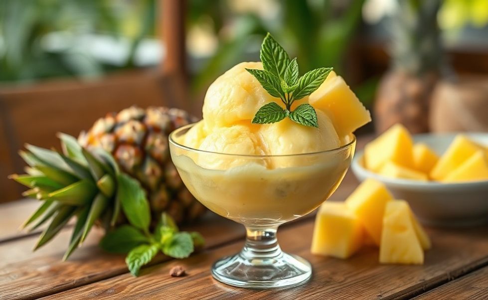 Geladão de Abacaxi Cremoso servido em taça com textura aveludada amarela, decorado com hortelã e pedaços de abacaxi fresco