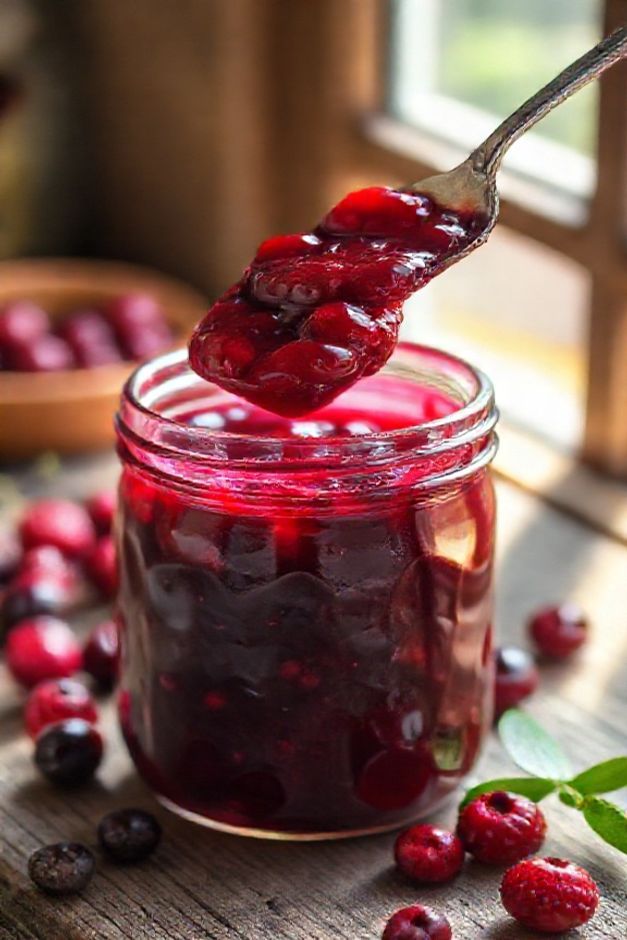 Pote de vidro com Geleia Caseira com Frutas Vermelhas espessa e brilhante, mostrando pedaços de frutas inteiras em fundo rústico de madeira