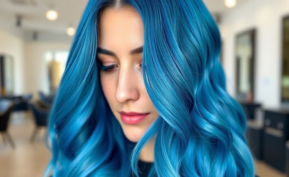 Cabelo feminino com coloração azul vibrante e saudável, mostrando ideias de cabelo azul bem executadas com brilho intenso