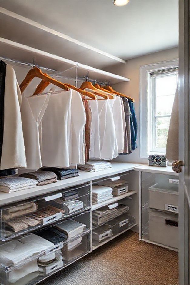 Roupeiro perfeitamente organizado com ideias roupeiro práticas, mostrando cabides uniformes, organizadores transparentes e prateleiras bem distribuídas