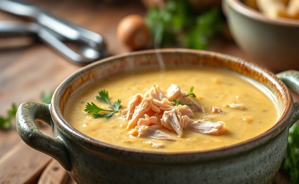 Ingrediente para creme de galinha cremoso em tigela cerâmica com frango desfiado visível e salsa fresca, textura aveludada e cor dourada apetitosa