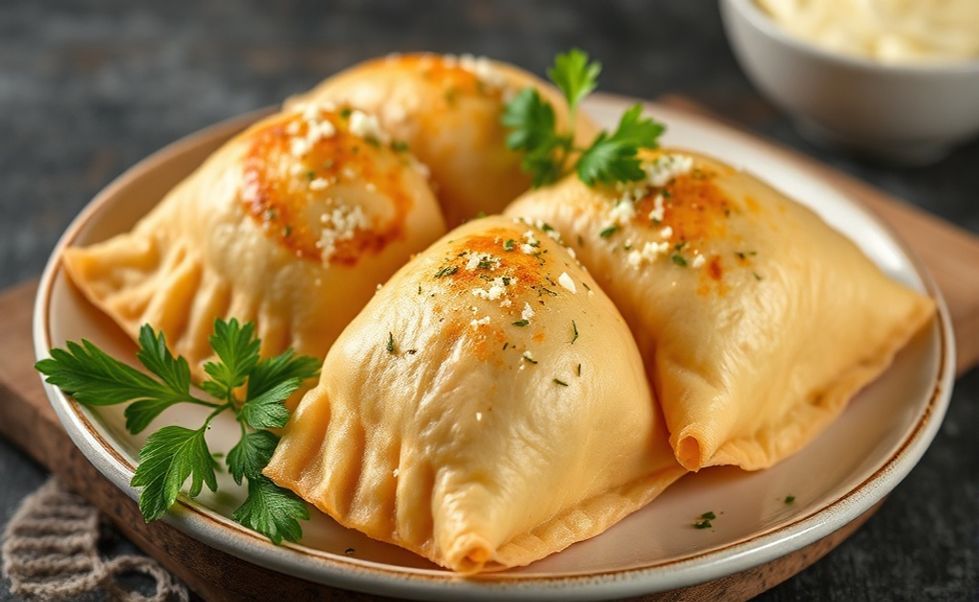 Empanadas douradas com recheio cremoso de frango e queijo visível, ingrediente para empanada caseiro sobre tábua de madeira rústica