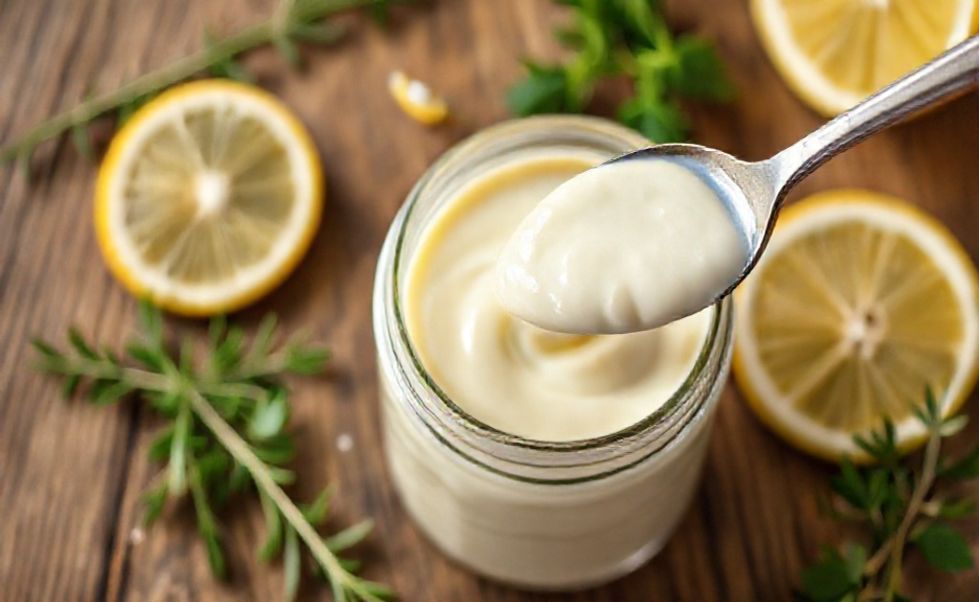 Maionese caseira cremosa em pote de vidro com textura sedosa, acompanhada de limão fresco e ervas, mostrando ingrediente para maionese perfeito