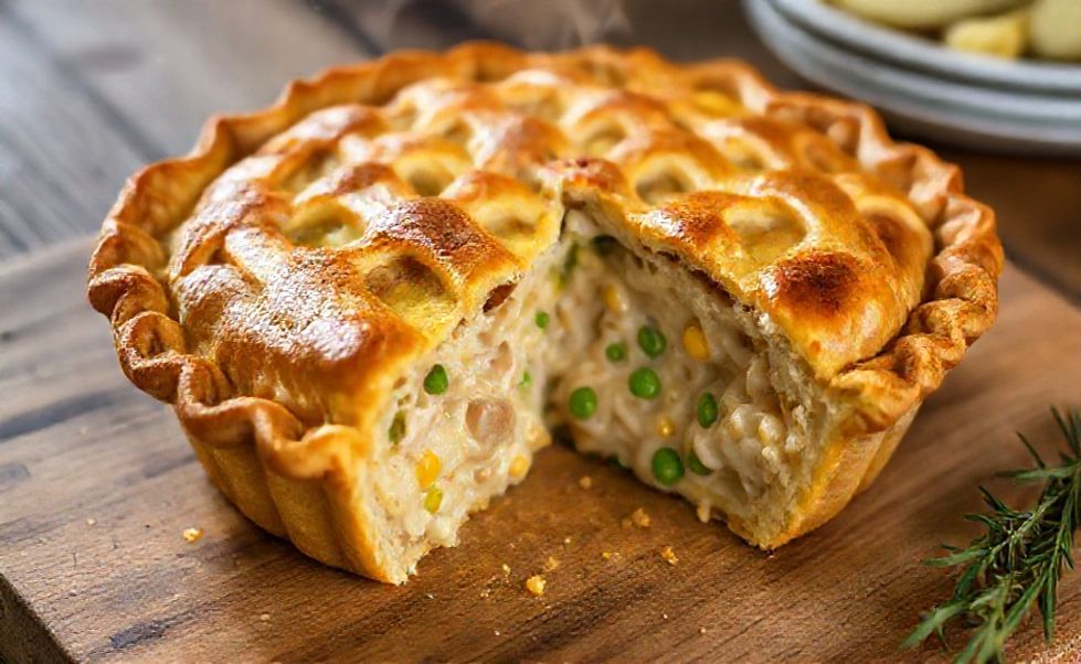 Ingrediente para torta salgada recém-assada com massa dourada e recheio cremoso de frango com milho e ervilhas, perfeita para refeições em família