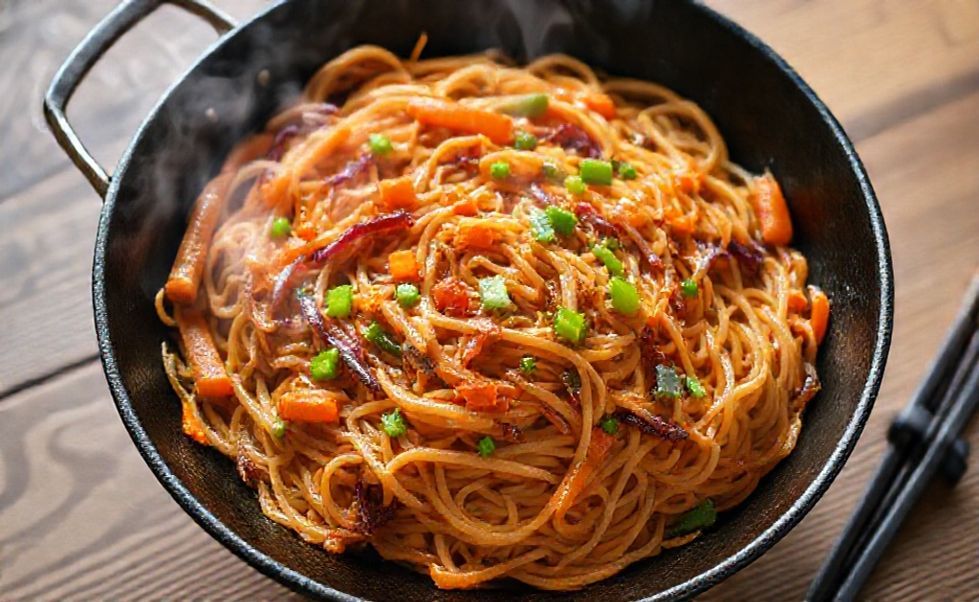Yakisoba japonês tradicional em wok com macarrão, legumes coloridos e molho brilhante - ingrediente para yakisoba caseiro perfeito