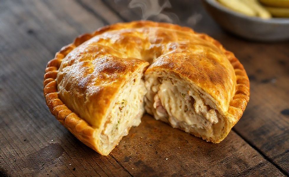 Empadão dourado cortado ao meio mostrando recheio cremoso de frango com palmito - ingrediente principal do empadão perfeito