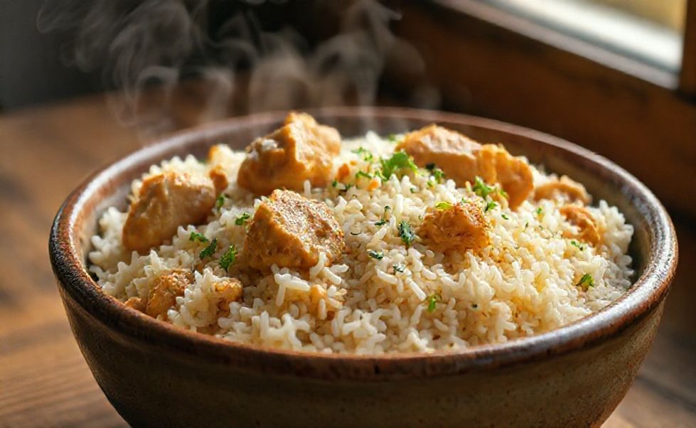 Prato tradicional de ingredientes arroz com galinha servido em tigela cerâmica com frango dourado e arroz soltinho, decorado com salsa fresca