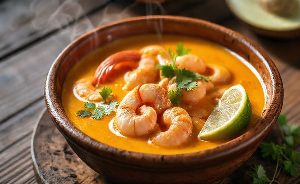 Prato tradicional de ingredientes bobó de camarão servido em bowl de barro, com molho cremoso laranja-dourado, camarões rosados e decorado com coentro fresco