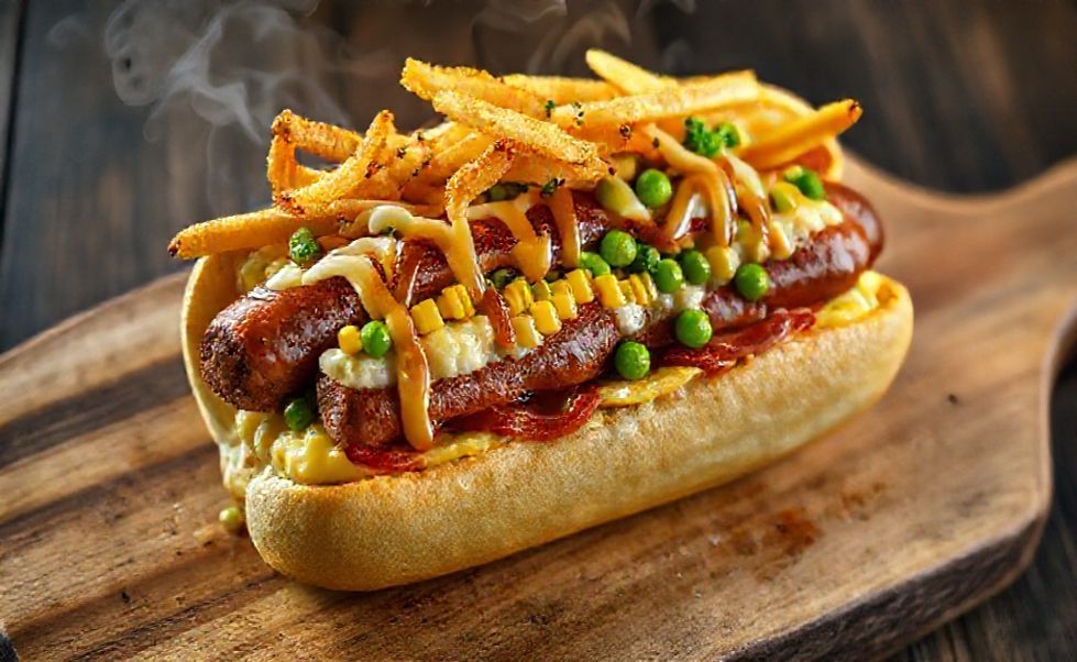Cachorro quente completo brasileiro mostrando todos os ingredientes em camadas: salsicha, purê de batata, milho, ervilha, vinagrete e batata palha crocante
