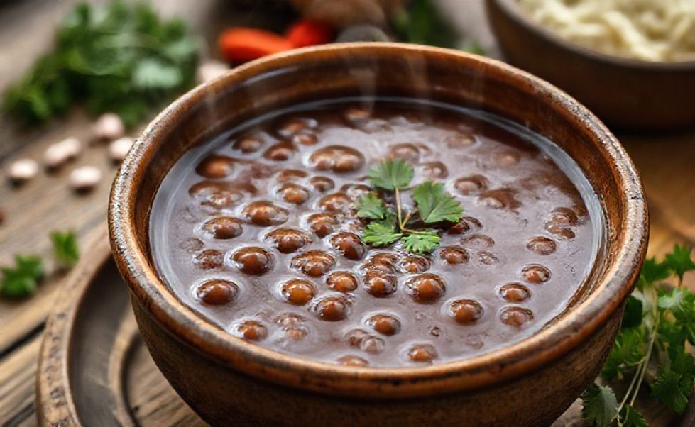 Caldo de feijão caseiro em tigela cerâmica, líquido marrom escuro e aromático com gotas de óleo visíveis na superfície