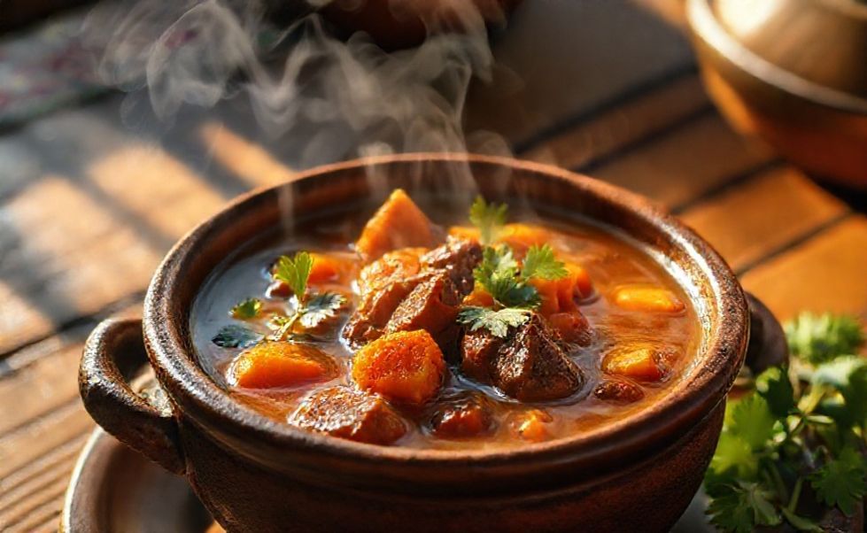 Caldo de kenga tradicional servido em tigela de barro com pedaços de carne, cenouras e batatas doces visíveis no caldo aromático